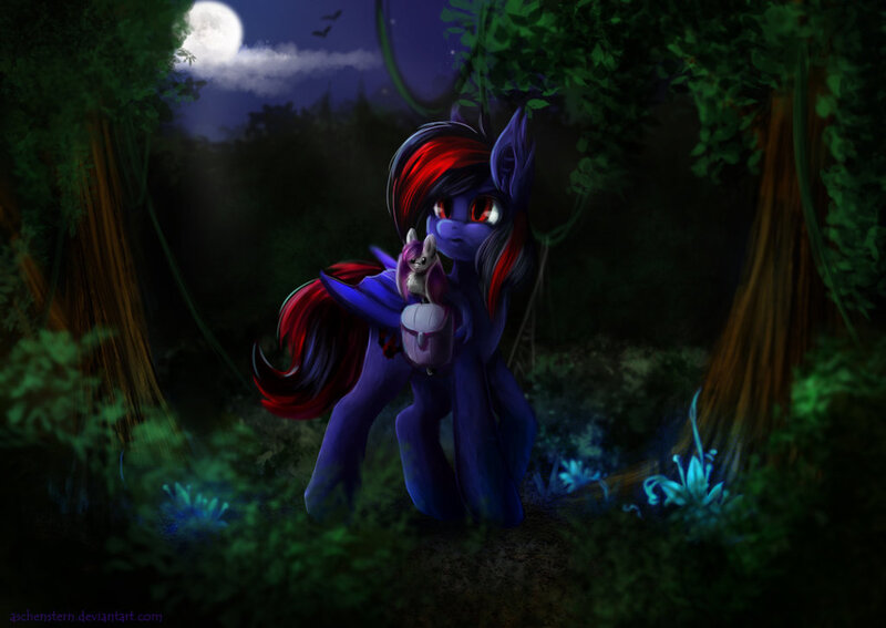 Size: 1024x726 | Tagged: safe, artist:aschenstern, derpibooru import, oc, unofficial characters only, bat, pegasus, pony, clearing, commission, forest, full moon, scenery, solo, walking