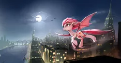 Size: 1672x875 | Tagged: safe, artist:ramiras, derpibooru import, oc, oc:blood moon, unofficial characters only, bat pony, pony, aircraft, bridge, city, cityscape, crystaller building, female, flying, full moon, lights, manehattan, mare, night, pier, piers, scenery, signature, solo, statue of friendship, wavy mouth