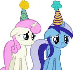 Size: 11512x10914 | Tagged: safe, artist:cyanlightning, derpibooru import, minuette, twinkleshine, pony, unicorn, amending fences, .svg available, absurd resolution, hat, looking down, party hat, sad, simple background, transparent background, vector
