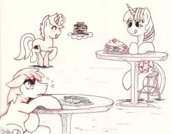 Size: 971x756 | Tagged: safe, artist:bloodorangepancakes, derpibooru import, twilight sparkle, twilight sparkle (alicorn), oc, oc:ruby pancakes, alicorn, pony, food, magic, pancakes, traditional art