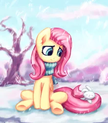 Size: 4127x4659 | Tagged: safe, artist:inowiseei, derpibooru import, part of a set, angel bunny, fluttershy, pegasus, pony, absurd resolution, beanie, clothes, cloud, cute, female, hat, mare, scarf, shyabetes, sitting, sky, smiling, snow, snowfall, winter