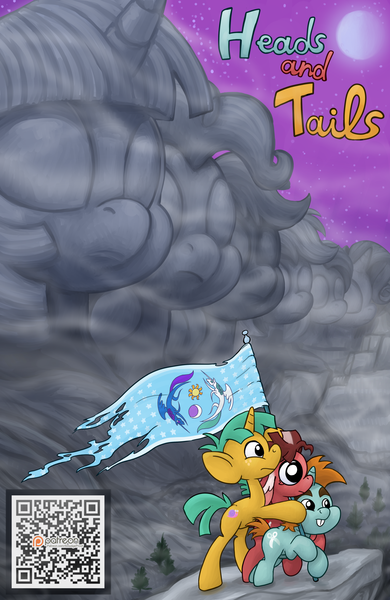 Size: 1300x2000 | Tagged: applejack, artist:smudge proof, comic, comic:heads and tails, derpibooru import, equestrian flag, flag, fluttershy, fog, link in description, mane six, marine corps war memorial, moon, mount monument, mount rushmore, night, oc, oc:tails, patreon, patreon logo, pine tree, pinkie pie, ponified, qr code, rainbow dash, rarity, safe, sky, snails, snips, stars, torn, tree, twilight sparkle