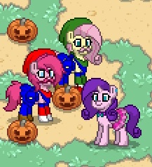 Size: 217x238 | Tagged: derpibooru import, fluttershy, halloween, holiday, jack-o-lantern, luigi, luigishy, mario, mario pie, pinkie pie, pony town, princess peach, pumpkin, raripeach, rarity, safe, super mario bros.