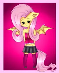 Size: 807x1000 | Tagged: suggestive, artist:missmeower, derpibooru import, fluttershy, anthro, bat pony, flutterbat, race swap, solo