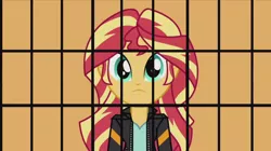 Size: 1242x694 | Tagged: safe, derpibooru import, edit, edited screencap, screencap, sunset shimmer, equestria girls, inverted mouth, prison bars, solo