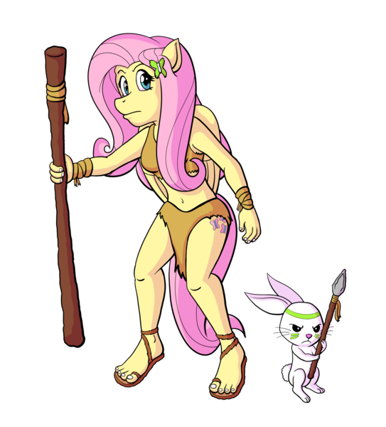 Size: 1900x2100 | Tagged: angel bunny, anthro, artist:regularmouseboy, belly button, caveman, cavemare, cave pony, clothes, cutie mark, derpibooru import, duo, fluttershy, legs, loincloth, midriff, pegasus, plantigrade anthro, rainbow wake, safe, sandals, simple background, skirt, spear, staff, thighs, transparent background, tribal