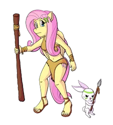 Size: 1900x2100 | Tagged: angel bunny, anthro, artist:regularmouseboy, belly button, caveman, cavemare, cave pony, clothes, cutie mark, derpibooru import, duo, fluttershy, legs, loincloth, midriff, pegasus, plantigrade anthro, rainbow wake, safe, sandals, simple background, skirt, spear, staff, thighs, transparent background, tribal