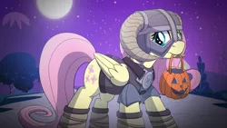 Size: 4000x2250 | Tagged: artist:drawponies, candy, clothes, costume, crossover, cute, derpibooru import, dovahkiin, dovahshy, fluttershy, food, moon, mouth hold, night, nightmare night, pail, pumpkin bucket, safe, shyabetes, skyrim, solo, stars, the elder scrolls