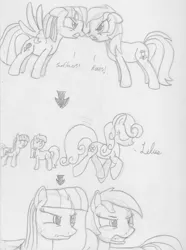 Size: 1185x1596 | Tagged: angry, artist:midwestbrony, derpibooru import, eye contact, eyes closed, floppy ears, frown, glare, gritted teeth, helia, lily, lily valley, monochrome, roseluck, safe, smiling, spread wings, traditional art, trotting