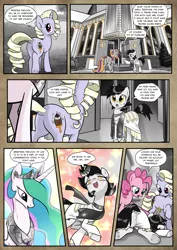 Size: 1363x1920 | Tagged: safe, artist:pencils, derpibooru import, pinkie pie, princess celestia, oc, oc:fannie noveau, oc:padlock, oc:redstone, alicorn, earth pony, pony, unicorn, comic:anon's pie adventure, building, choker, church, clerical robes, clothes, comic, crown, dialogue, dock, door, face down ass up, faint, female, jewelry, looking back, mare, monochrome, necklace, neo noir, partial color, plot, praise the sun, raised hoof, regalia, religion, robes, senpai noticed me, smiling, speech bubble, spiral, underhoof