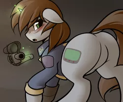 Size: 1280x1066 | Tagged: dead source, suggestive, artist:whitepone, derpibooru import, edit, oc, oc:littlepip, unofficial characters only, pony, unicorn, fallout equestria, fanfic, blushing, clothes, dock, fanfic art, featureless crotch, female, floppy ears, glowing horn, gun, handgun, hooves, horn, levitation, little macintosh, looking back, magic, mare, open mouth, optical sight, pipbuck, pipbutt, plot, revolver, sfw edit, solo, solo female, telekinesis, vault suit, weapon