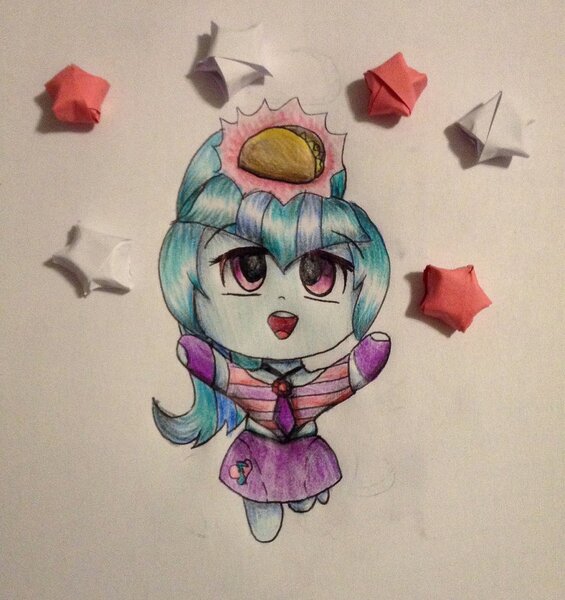 Size: 1024x1087 | Tagged: safe, artist:ekakichan, derpibooru import, sonata dusk, equestria girls, chibi, cute, food, solo, sonatabetes, sonataco, taco, traditional art