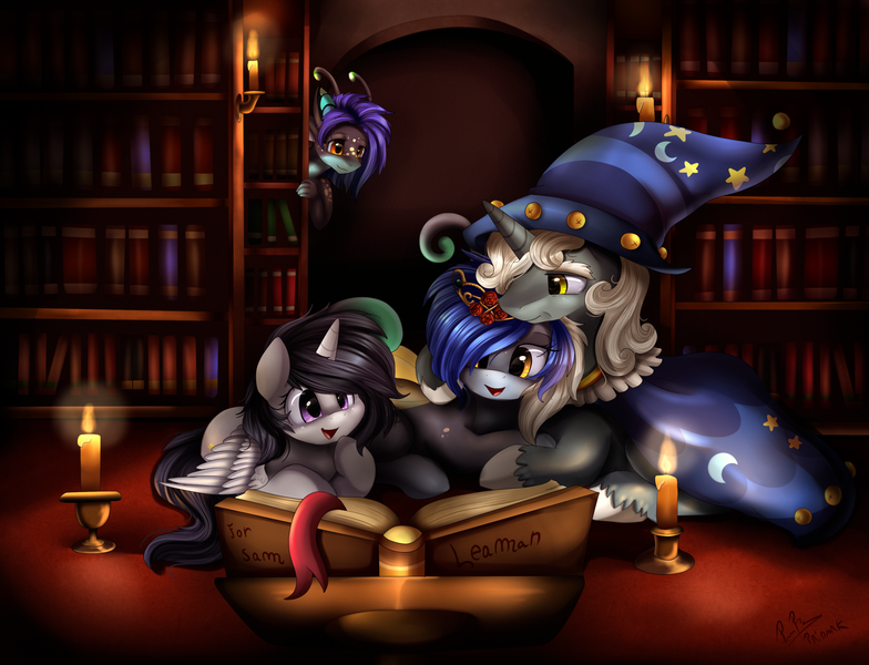 Size: 3065x2346 | Tagged: artist:pridark, book, candle, cape, clothes, commission, derpibooru import, fascinating, fire, hat, library, oc, open mouth, reading, safe, signature, star swirl the bearded, wizard hat