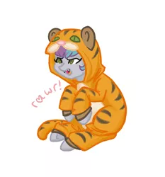 Size: 700x750 | Tagged: safe, artist:hippykat13, derpibooru import, oc, oc:kitty sweet, unofficial characters only, big cat, pony, tiger, animal costume, clothes, colored pupils, costume, cute, fangs, female, glare, heart, kigurumi, mare, ocbetes, open mouth, rawr, simple background, sitting, smiling, smirk, solo, text, underhoof, white background