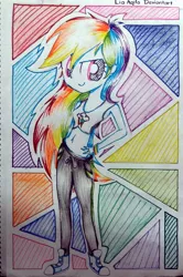 Size: 849x1280 | Tagged: safe, artist:liaaqila, derpibooru import, rainbow dash, equestria girls, blue sneakers, clothes, converse, looking at you, pants, shoes, solo, sweatpants, traditional art