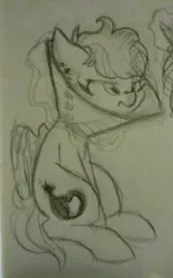 Size: 670x1075 | Tagged: safe, artist:hippykat13, derpibooru import, oc, oc:kitty sweet, unofficial characters only, pegasus, pony, black and white, cone, cute, grayscale, monochrome, piercing, sketch, solo, traditional art, upset