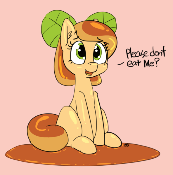 Size: 1280x1297 | Tagged: artist:pabbley, cute, derpibooru import, dialogue, flan, food, food pony, oc, original species, pudding, safe, sitting, solo, unofficial characters only