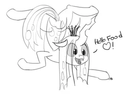 Size: 2999x2261 | Tagged: adoracreepy, artist:pabbley, contortionist, creepy, cute, cutealis, derpibooru import, dialogue, flexible, heart, monochrome, queen chrysalis, queen twistalis, safe, simple background, solo, to where and back again, white background