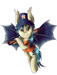 Size: 1536x2009 | Tagged: safe, artist:ruhisu, derpibooru import, oc, oc:moonshot, unofficial characters only, bat pony, pony, baseball, baseball bat, baseball cap, clothes, full body, hat, houston astros, looking at you, mlb, pun, solo, uniform