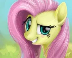 Size: 1280x1024 | Tagged: safe, artist:magistra, derpibooru import, fluttershy, pony, a bird in the hoof, always works, blushing, cute, dreamworks face, female, looking at you, mare, raised eyebrow, realistic, scene interpretation, shyabetes, smiling, solo