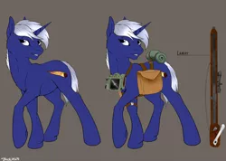 Size: 1024x731 | Tagged: safe, artist:backlash91, derpibooru import, oc, oc:starlight, unofficial characters only, pony, unicorn, fallout equestria, fanfic:fallout equestria: the chrysalis, female, pipbuck, saddle bag, simple background, solo, weapon