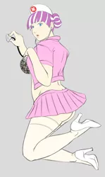 Size: 858x1440 | Tagged: artist:eve-ashgrove, ass, bra, breasts, clothes, derpibooru import, female, hand on chest, high heels, human, humanized, kneeling, lingerie, looking at you, miniskirt, nurse outfit, nurse sweetheart, open clothes, open shirt, seductive pose, sexy, skirt, socks, solo, stethoscope, stockings, stupid sexy nurse sweetheart, suggestive, thigh highs, underwear