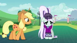 Size: 1280x720 | Tagged: safe, derpibooru import, screencap, applejack, coloratura, pony, the mane attraction, countess coloratura, floppy ears, sad