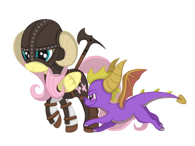Size: 2592x1936 | Tagged: safe, artist:squipycheetah, derpibooru import, fluttershy, dragon, pegasus, pony, axe, battle axe, crossover, cute, dovahkiin, dovahshy, dragonborn, duo, female, folded wings, friendshipping, happy, helmet, horn, horns, looking back, looking down, looking up, mare, running, simple background, skyrim, smiling, spread wings, spyro the dragon, the elder scrolls, transparent background, vector, walking, weapon