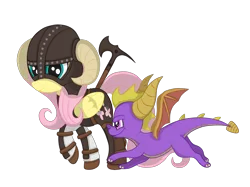 Size: 2592x1936 | Tagged: safe, artist:squipycheetah, derpibooru import, fluttershy, dragon, pegasus, pony, axe, battle axe, crossover, cute, dovahkiin, dovahshy, dragonborn, duo, female, folded wings, friendshipping, happy, helmet, horn, horns, looking back, looking down, looking up, mare, running, simple background, skyrim, smiling, spread wings, spyro the dragon, the elder scrolls, transparent background, vector, walking, weapon