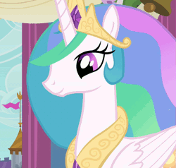 Size: 757x720 | Tagged: safe, derpibooru import, screencap, princess celestia, pony, a canterlot wedding, season 2, animated, beautiful, bell, canterlot castle, cloud, cropped, curtains, cute, flag, flower, gif, open mouth, sky, smiling, solo, talking, tower