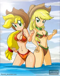 Size: 1685x2126 | Tagged: suggestive, artist:ryured, derpibooru import, applejack, human, equestria girls, applebucking thighs, belly button, bicolor swimsuit, bikini, breasts, brown swimsuit, busty applejack, cleavage, clothes, colored pupils, cutie mark swimsuit, duality, duo, duo female, female, human coloration, human paradox, humanized, looking at you, orange swimsuit, self paradox, smiling, swimsuit, water, wet