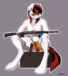 Size: 1800x2000 | Tagged: suggestive, artist:gasmaskfox, derpibooru import, oc, oc:blackjack, unofficial characters only, anthro, unguligrade anthro, fallout equestria, fallout equestria: project horizons, alcohol, benelli m4, casual nudity, female, gun, image, jpeg, muscles, muscular female, nudity, shotgun, solo, strategically covered, trigger discipline, weapon, whiskey