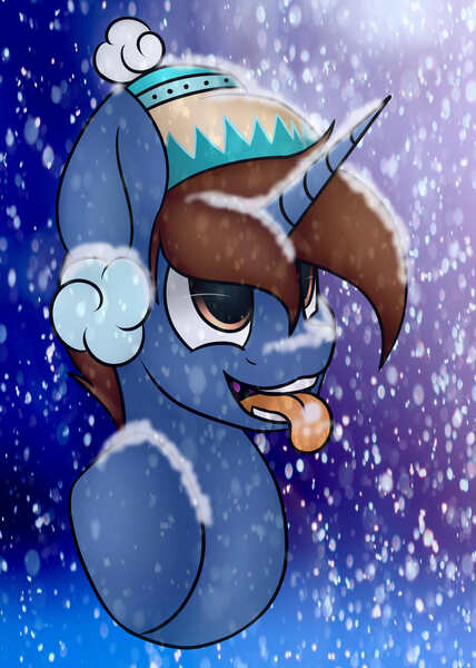 Size: 2713x3800 | Tagged: safe, artist:tobyqu33n123, derpibooru import, oc, oc:headlong flight, unofficial characters only, pony, bust, catching snowflakes, gift art, portrait, snow, snowfall, solo, tongue out, winter