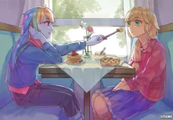 Size: 1120x780 | Tagged: safe, artist:usami, derpibooru import, applejack, rainbow dash, human, appledash, blueberry, cake, chair, clothes, curtains, feeding, female, flower, food, fork, humanized, lesbian, pancakes, pants, pie, restaurant, shipping, shirt, skirt, strawberry, table, table cloth, vase, window