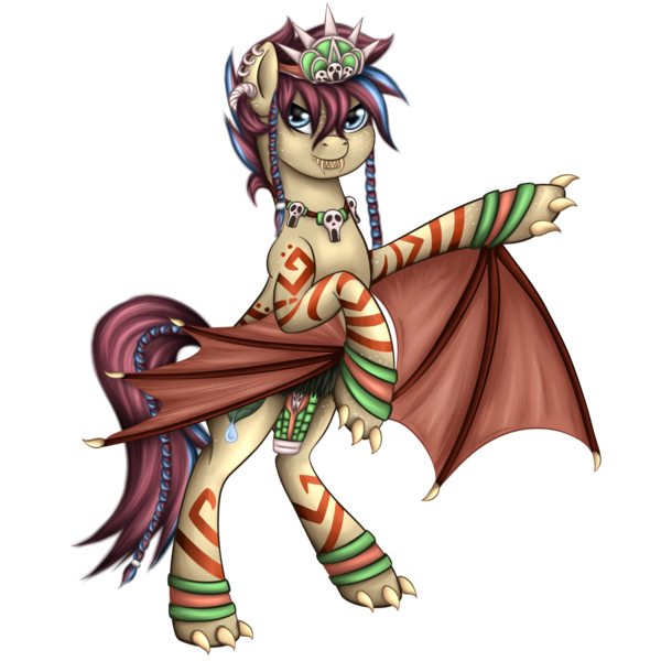 Size: 1600x1600 | Tagged: semi-grimdark, artist:puggie, derpibooru import, oc, oc:huyana, unofficial characters only, bat, pony, bipedal, camazotz, claws, clothes, costume, crossover, crown, female, god, goddess, halloween, halloween costume, jewelry, markings, mayan, nightmare night, nightmare night costume, regalia, simple background, skull, smite, solo, transparent background