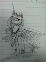 Size: 1920x2560 | Tagged: artist:nuttypanutdy, derpibooru import, grayscale, inktober, lined paper, monochrome, princess celestia, raised hoof, safe, solo, spread wings, traditional art