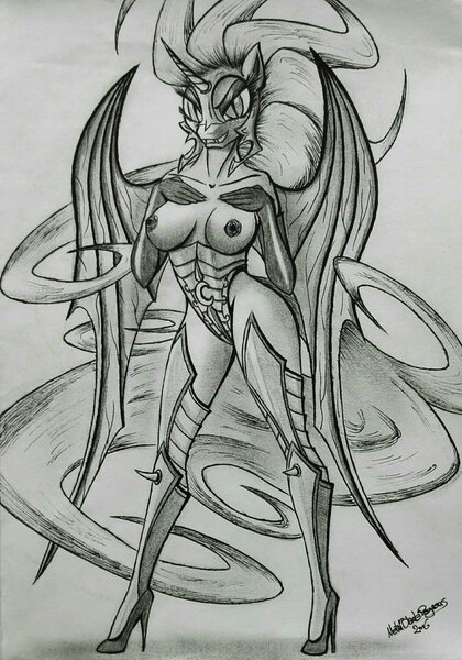 Size: 1024x1462 | Tagged: anthro, artist:metalbladepegasus, bat wings, breasts, busty nightmare moon, derpibooru import, female, grayscale, high heels, monochrome, nightmare moon, nipples, nudity, plantigrade anthro, questionable, simple background, sketch, solo, solo female, spread wings