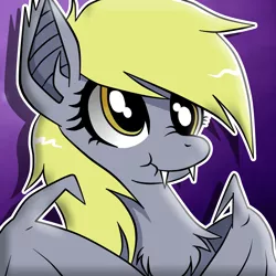 Size: 3000x3000 | Tagged: safe, artist:taartje123, derpibooru import, derpy hooves, bat pony, pony, :t, abstract background, bat ponified, bust, chest fluff, cute, derpabetes, derpybat, ear tufts, fangs, female, gradient background, mare, nose wrinkle, purple background, race swap, scrunchy face, simple background, smiling, solo, spread wings, wings