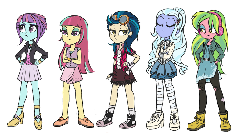 Size: 1000x549 | Tagged: safe, artist:kul, derpibooru import, indigo zap, lemon zest, sour sweet, sugarcoat, sunny flare, equestria girls, alternate costumes, alternate hairstyle, casual, clothes, converse, crystal prep shadowbolts, dress, goggles, headphones, jacket, loose hair, pantyhose, shadow five, shoes, sneakers, stockings, trace