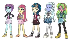 Size: 1000x549 | Tagged: safe, artist:kul, derpibooru import, indigo zap, lemon zest, sour sweet, sugarcoat, sunny flare, equestria girls, alternate costumes, alternate hairstyle, casual, clothes, converse, crystal prep shadowbolts, dress, goggles, headphones, jacket, loose hair, pantyhose, shadow five, shoes, sneakers, stockings, trace
