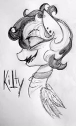 Size: 486x800 | Tagged: artist:hippykat13, black and white, clipped wings, collar, derpibooru import, ear piercing, earring, grayscale, jewelry, monochrome, oc, oc:kitty sweet, piercing, safe, scar, solo, traditional art, unofficial characters only