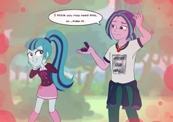 Size: 1024x720 | Tagged: safe, artist:jessiexie, derpibooru import, aria blaze, sonata dusk, equestria girls, arisona, blushing, clothes, dialogue, equestria guys, half r63 shipping, jewelry, male, necklace, ouverdusk, ouvertis grandioso, rule 63, shipping, shirt, shirt around waist, straight, t-shirt
