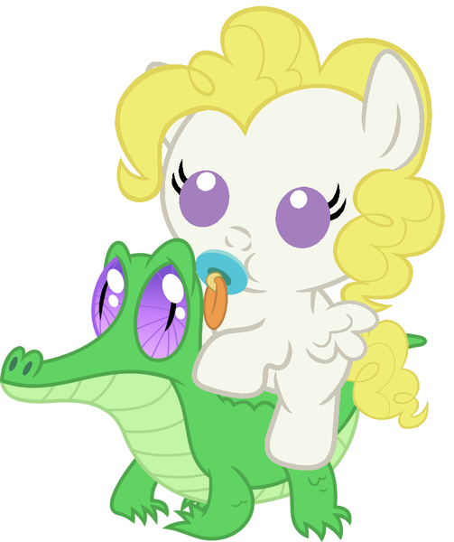 Size: 811x967 | Tagged: safe, artist:red4567, derpibooru import, gummy, surprise, pony, baby, baby pony, cute, g1, g1 to g4, generation leap, one year, one year anniversary, one-year anniversary, pacifier, ponies riding gators, riding