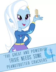 Size: 631x800 | Tagged: safe, derpibooru import, trixie, equestria girls, crackers, food, peanut butter, peanut butter crackers, solo, that human sure does love peanut butter crackers