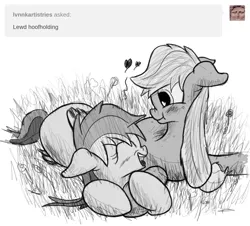 Size: 1500x1357 | Tagged: safe, artist:fetishsketches, derpibooru import, applejack, rainbow dash, earth pony, pegasus, pony, appledash, eyes closed, female, floppy ears, grass, grayscale, heart, hoof hold, lesbian, mare, monochrome, open mouth, prone, shipping, simple background, smiling, white background