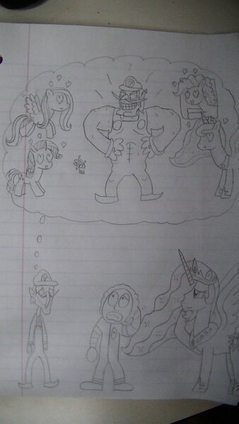 Size: 670x1191 | Tagged: safe, artist:supahdonarudo, derpibooru import, fluttershy, pinkie pie, princess celestia, princess luna, rarity, parasprite, buff, drawing, dream, heart eyes, lined paper, muscles, ronald mcdonald, thought bubble, traditional art, waluigi, wingding eyes