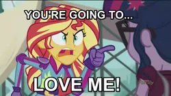 Size: 941x529 | Tagged: safe, derpibooru import, edit, edited screencap, screencap, sci-twi, sunset shimmer, twilight sparkle, equestria girls, angry, exploitable meme, female, image macro, lesbian, meme, open mouth, scitwishimmer, shipping, sunset yells at twilight, sunsetsparkle, you're going to love me