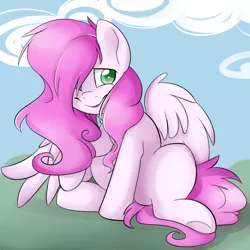 Size: 1024x1024 | Tagged: safe, artist:neonblaze909, derpibooru import, oc, oc:neow, unofficial characters only, pegasus, pony, colored pupils, female, hair over one eye, looking at you, mare, sitting, sky, solo, spread wings, underhoof, wings