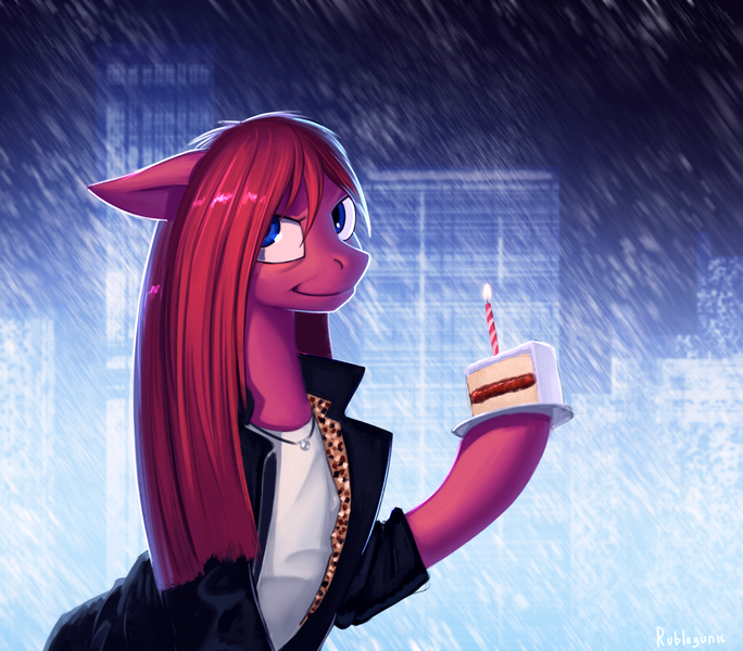 Size: 1854x1626 | Tagged: safe, artist:rublegun, derpibooru import, pinkie pie, earth pony, pony, cake, candle, city, clothes, crossover, dessert, female, fire, hoof hold, mare, max payne, pinkamena diane pie, plate, scenery, solo, straight mane, the cake is a lie