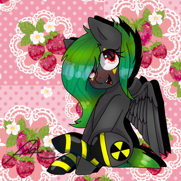 Size: 768x768 | Tagged: safe, artist:eyelessjackssis, derpibooru import, oc, unofficial characters only, pegasus, pony, clothes, radiation sign, socks, solo, striped socks